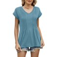 thumbnail image 1 of Zori Womens V Neck Puff Short Sleeve Pleated T Shirts Fashion Summer Tops Loose Flowy Tunics Solid Color Blouse Shirts, 1 of 5