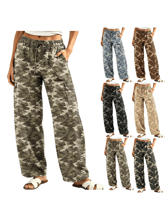 Camouflage Pants for Women Elastic High Waisted Wide Leg Cargo Pants with Pockets Drawstring Baggy Camo Trousers, S-3XL