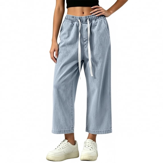 Zormilly Capri Jeans for Women Soft High Elastic Waisted Wide Leg Jeans with Drawstring Pockets Trendy Straight Leg Denim Pants, XS-2XL