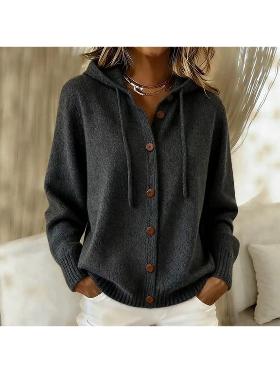Cardigan Sweaters for Women Long Sleeve Button Down Hooded Soft Sweaters Drawstring Warm Comfy Fall Hoodies, S-3XL