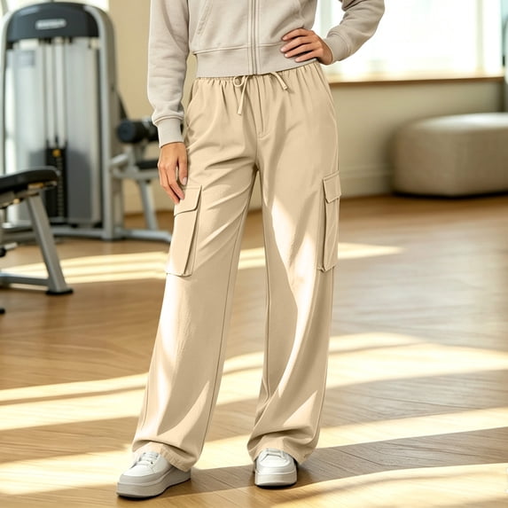 Zormilly Cargo Pants Women Elastic High Waisted Hiking Pants with 4 Pockets Drawstring Fashion Straight Leg Pants, S-2XL