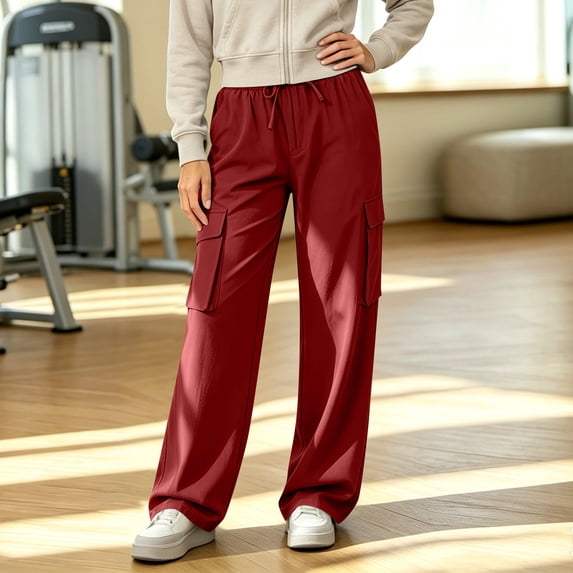 Zormilly Cargo Pants Women Elastic High Waisted Hiking Pants with 4 Pockets Drawstring Fashion Straight Leg Pants, S-2XL
