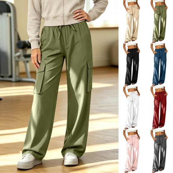 Zormilly Cargo Pants Women Elastic High Waisted Hiking Pants with 4 Pockets Drawstring Fashion Straight Leg Pants, S-2XL