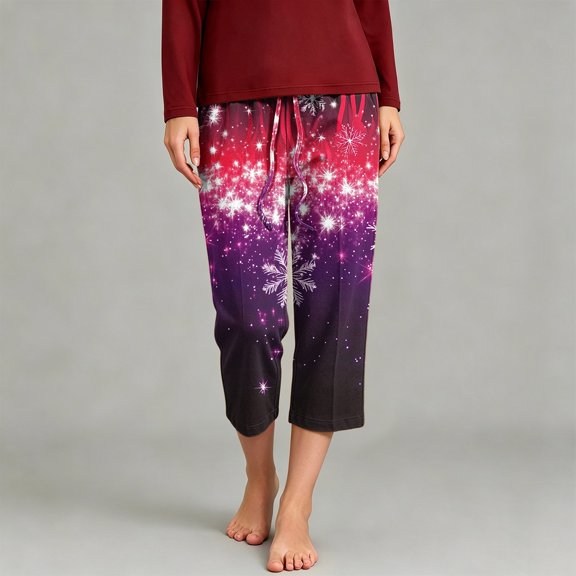 Zormilly Christmas Pajama Pants for Women Elastic High Waisted Capri Wide Leg Pants Drawstring Printed Festival Pj Bottoms, S-3XL