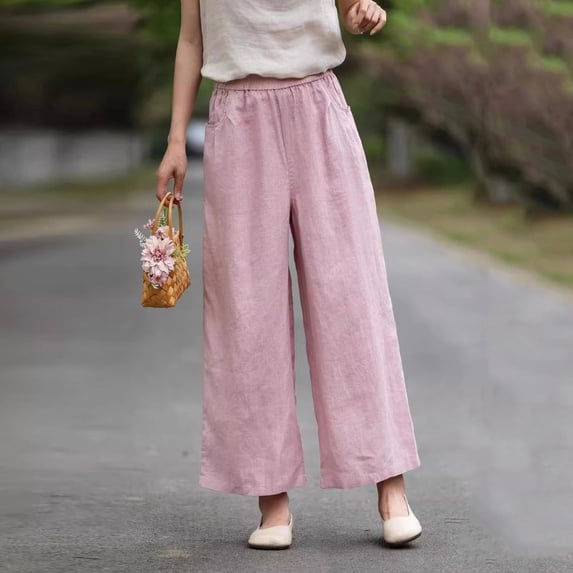 Zormilly Cotton Linen Pants Women Elastic High Waisted Cropped Wide Leg Pants with Pockets Casual Straight Leg Pants, M-4XL