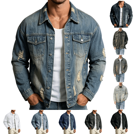 Zormilly Denim Jacket Men Long Sleeve Button Down Classic Collared Jean Shackets with Pockets Ripped Fashion Fall Jackets, M-3XL