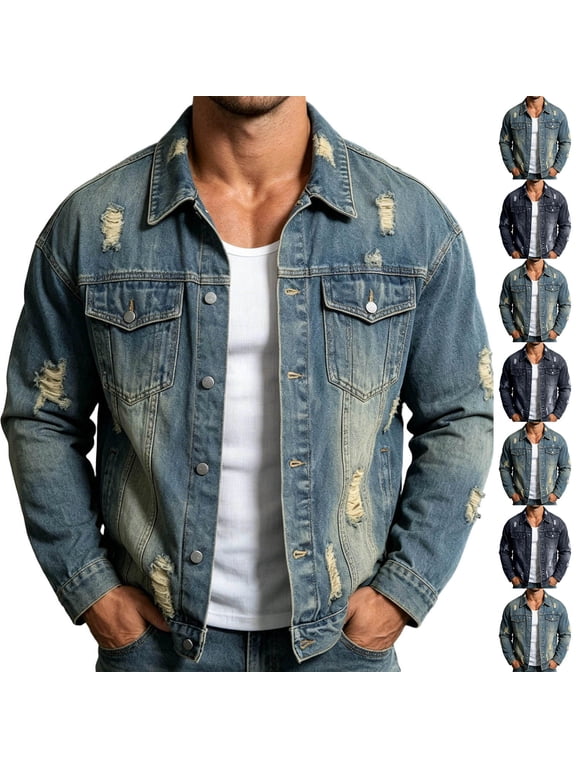 Denim Jacket Men Long Sleeve Button Down Classic Collared Jean Shackets with Pockets Ripped Fashion Fall Jackets, M-3XL