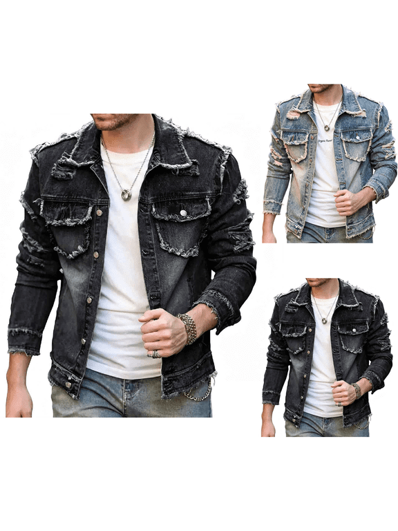 Denim Jacket Men Long Sleeve Button Down Collared Ripped Light Black Jean Shacket Jackets Frayed Vintage Jackets, S-3XL