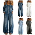 thumbnail image 1 of Zormilly Denim Overalls for Women Adjustable Strap Long Sleeve Off The Shoulder Jumpsuits Pockets Wide Leg Jeans Overalls, S-3XL, 1 of 9