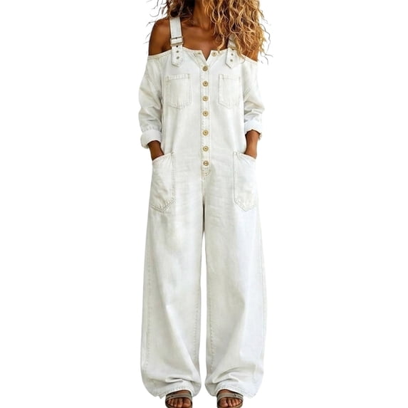 Zormilly Denim Overalls for Women Adjustable Strap Long Sleeve Off The Shoulder Jumpsuits Pockets Wide Leg Jeans Overalls, S-3XL