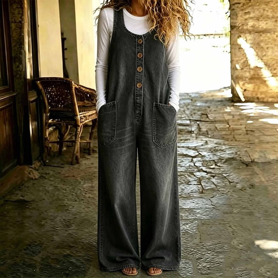Zormilly Denim Overalls for Women Button Front Wide Leg Jeans Jumpsuits with Pockets Fashion Baggy Jeans Bib Overalls, S-3XL