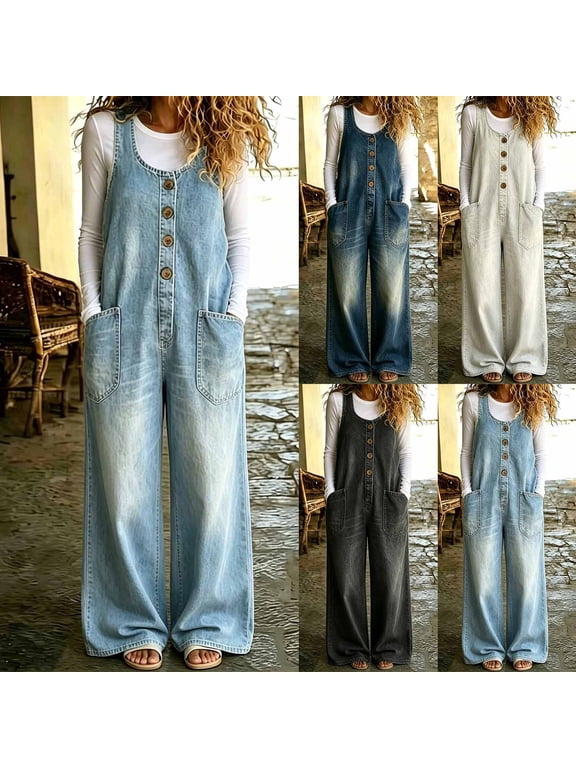 Denim Overalls for Women Button Front Wide Leg Jeans Jumpsuits with Pockets Fashion Baggy Jeans Bib Overalls, S-3XL