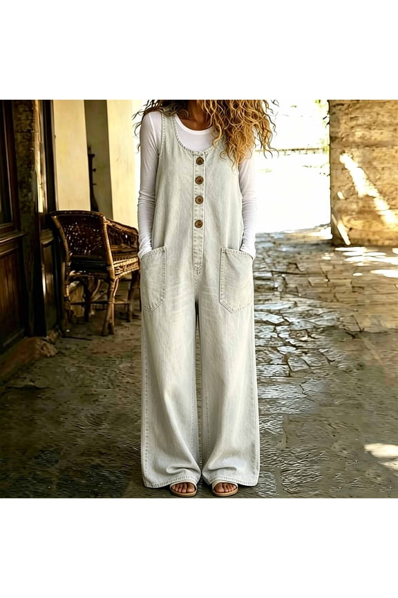 Denim Overalls for Women Button Front Wide Leg Jeans Jumpsuits with Pockets Fashion Baggy Jeans Bib Overalls, S-3XL