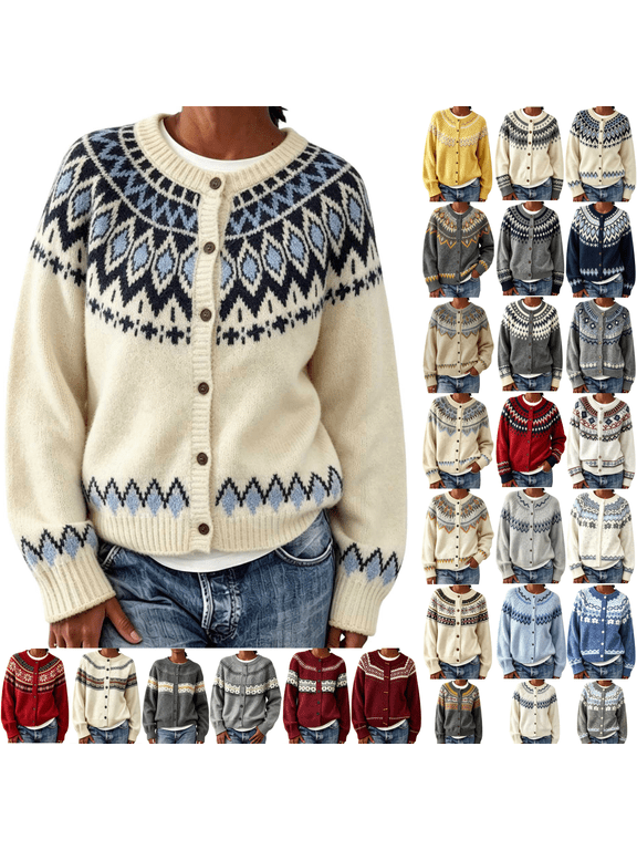 Fair Isle Sweater Women Long Sleeve Button Down Soft Cardigan Sweaters Fashion Knit Fall Outfits, S-3XL