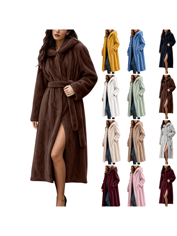 Faux Fur Coat Women Winter Hooded Oversized Fuzzy Long Coat with Belt Fashion Warm Faux Mink Jackets, S-3XL
