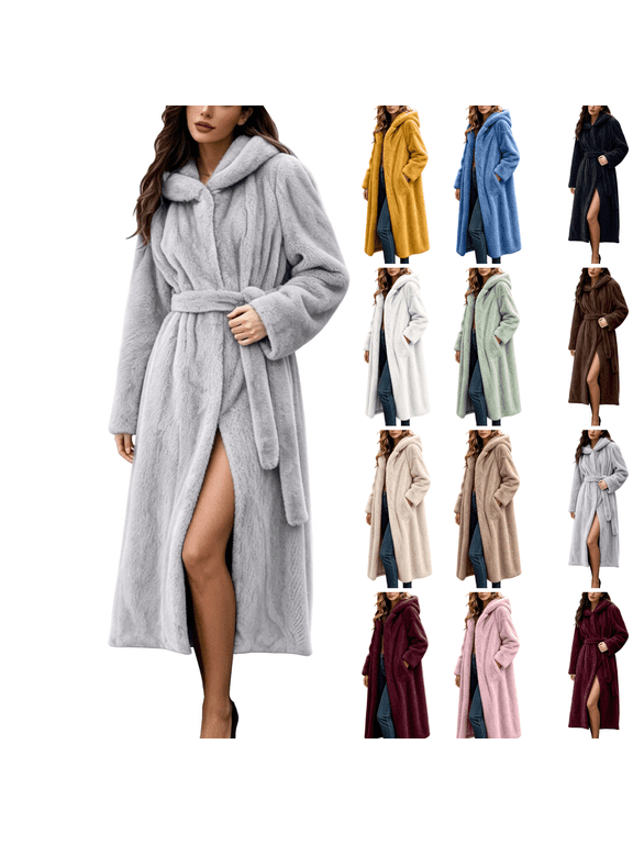 Faux Fur Jackets for Women Winter Fluffy Oversized Hooded Long Coat with Belt Trendy Fuzzy Faux Mink Coats, S-3XL