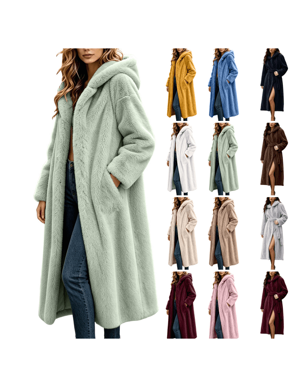 Faux Mink Coat Women Winter Long Sleeve Hooded Fuzzy Trench Coat with Belt Fashion Warm Long Faux Fur Coats, S-3XL