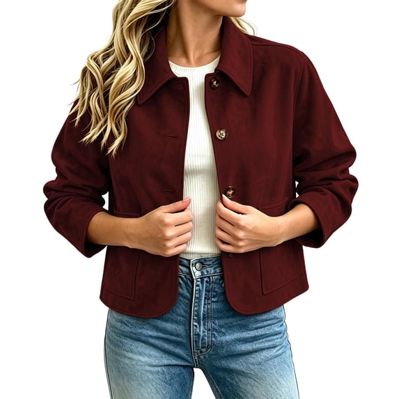 Zormilly Faux Suede Jacket Women Long Sleeve Button Down Cropped Jackets with Pockets Collared Fashion Jackets, S-2XL