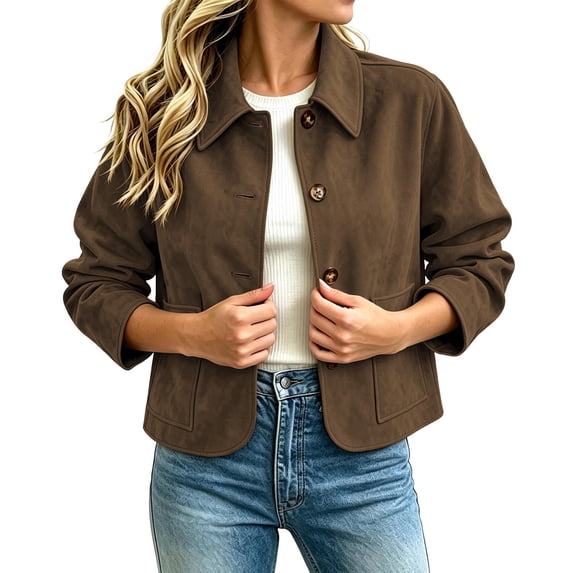 Zormilly Faux Suede Jacket Women Long Sleeve Button Down Cropped Jackets with Pockets Collared Fashion Jackets, S-2XL
