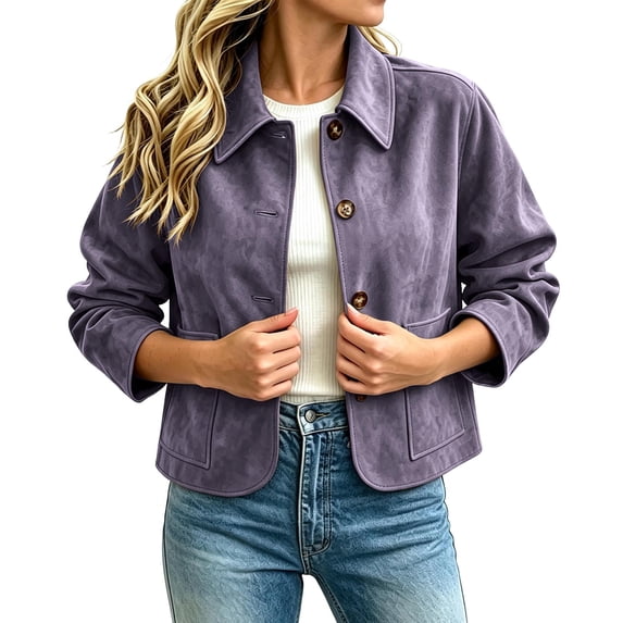 Zormilly Faux Suede Jacket Women Long Sleeve Button Down Cropped Jackets with Pockets Collared Fashion Jackets, S-2XL