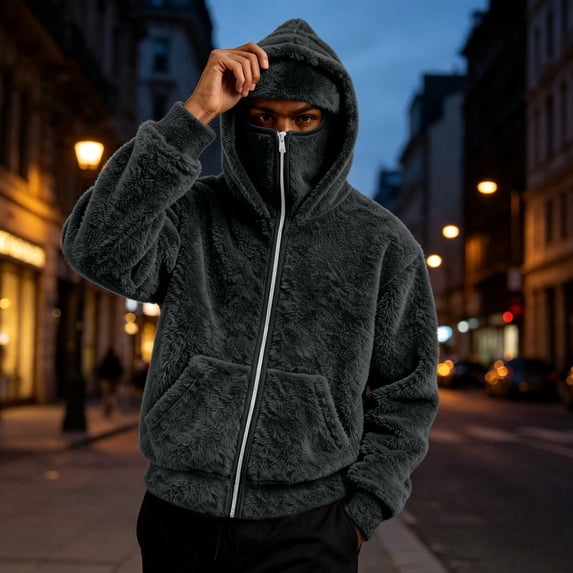 Zormilly Fleece Jacket Men Winter Fuzzy Zip Up Hoodie with Pockets Balaclava Fashion Warm Coats, S-3XL