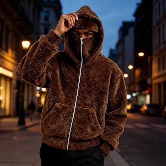 Zormilly Fleece Jacket Men Winter Fuzzy Zip Up Hoodie with Pockets Balaclava Fashion Warm Coats, S-3XL