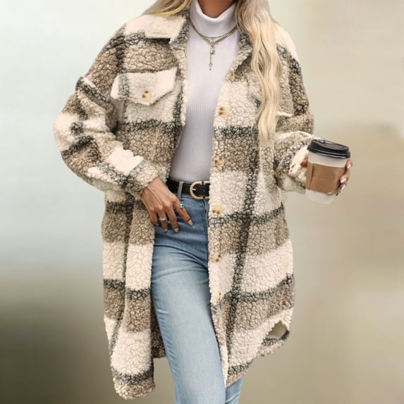 Zormilly Fleece Jacket Women Plaid Long Sleeve Button Down Warm Lapel Jackets Fashion Soft Plush Fuzzy Winter Coats, S-2XL