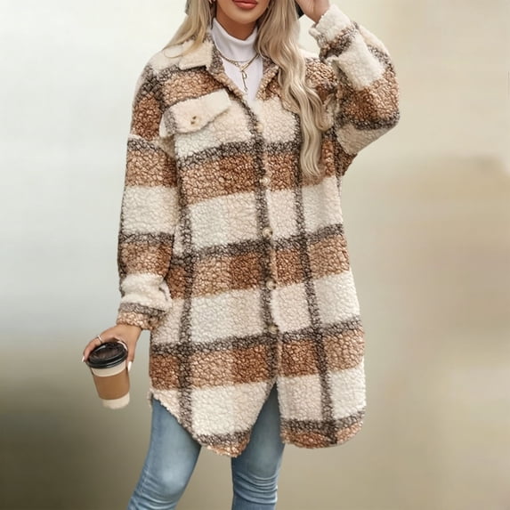 Zormilly Fleece Jacket Women Plaid Long Sleeve Button Down Warm Lapel Jackets Fashion Soft Plush Fuzzy Winter Coats, S-2XL