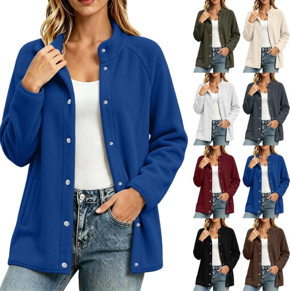 Zormilly Fleece Jacket Women Winter Long Sleeve Stand Collared Jackets with Pockets Snaps Fuzzy Warm Coats, S-3XL