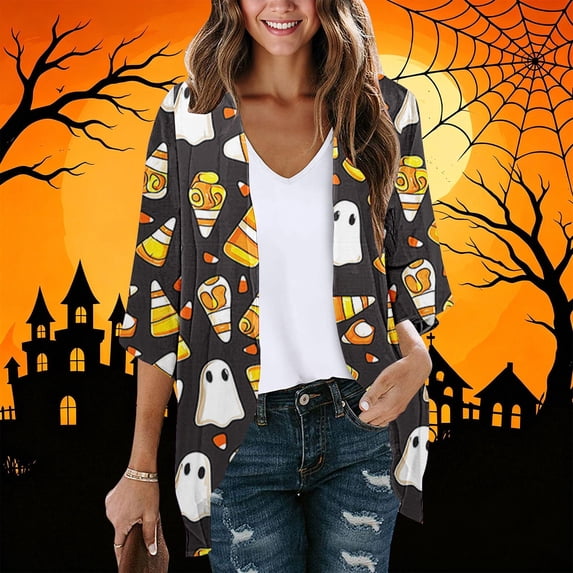 Zormilly Halloween Cardigan Women Lightweight 3/4 Sleeve Open Front Long Cardigans Print Loose Casual Cardigans, S-2XL