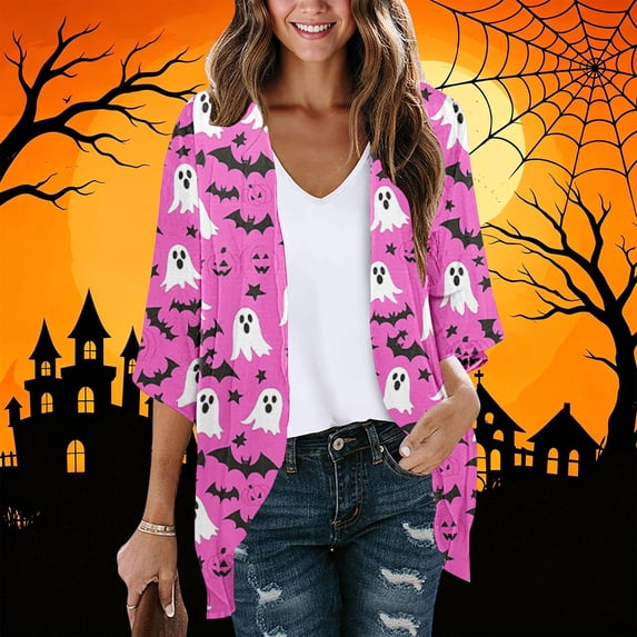 Zormilly Halloween Cardigan Women Lightweight 3/4 Sleeve Open Front Long Cardigans Print Loose Casual Cardigans, S-2XL