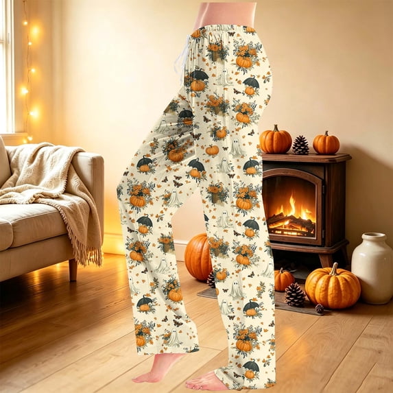 Zormilly Halloween Pajama Pants Women Pumpkin Plus Size Pj Lounge Pants Drawstring Printed Cozy Sleepwear, S-5XL