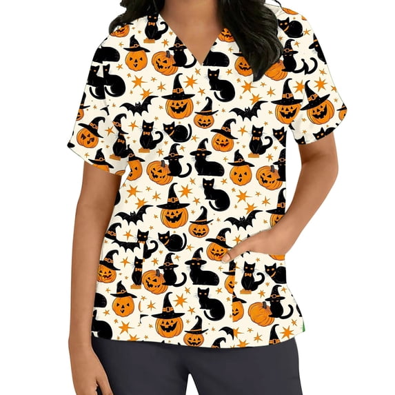 Zormilly Halloween Scrubs for Women Plus Size Pumpkin Printed V Neck Short Sleeve Scrub Tops with 2 Pockets, S-5XL