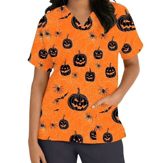 Zormilly Halloween Scrubs for Women Plus Size Pumpkin Printed V Neck Short Sleeve Scrub Tops with 2 Pockets, S-5XL