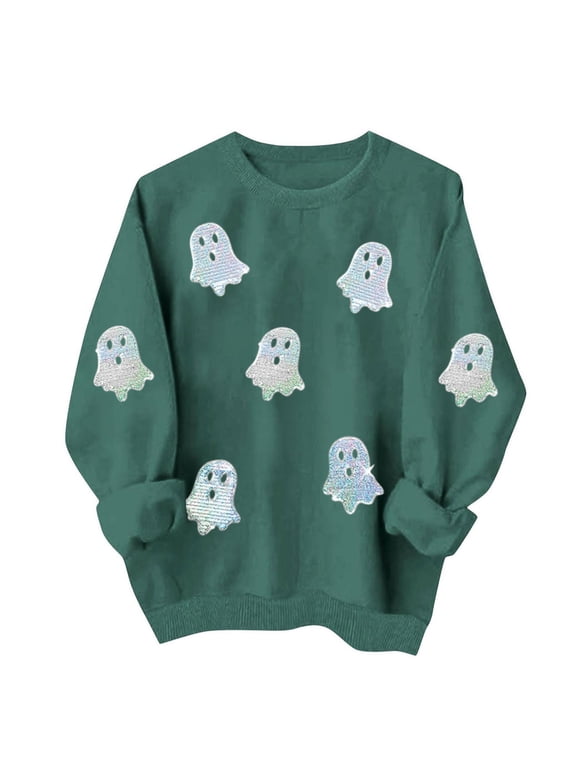 Halloween Sweatshirts for Women Sequin Ghost Crew Neck Oversized Sweatshirt Spooky Season Fashion Fall Outfits, S-3XL