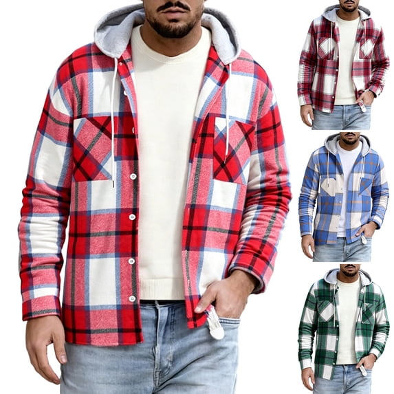 Zormilly Jackets for Men Long Sleeve Button Down Hooded Plaid Shirt Jacket with Pockets Brushed Soft Fall Outfits, S-3XL