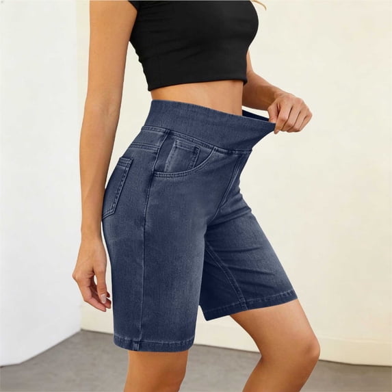 Zormilly Jean Shorts for Women, High Waist Solid Stretchy Slim Denim Shorts, Knee Length Bermuda Casual Shorts, S-2XL