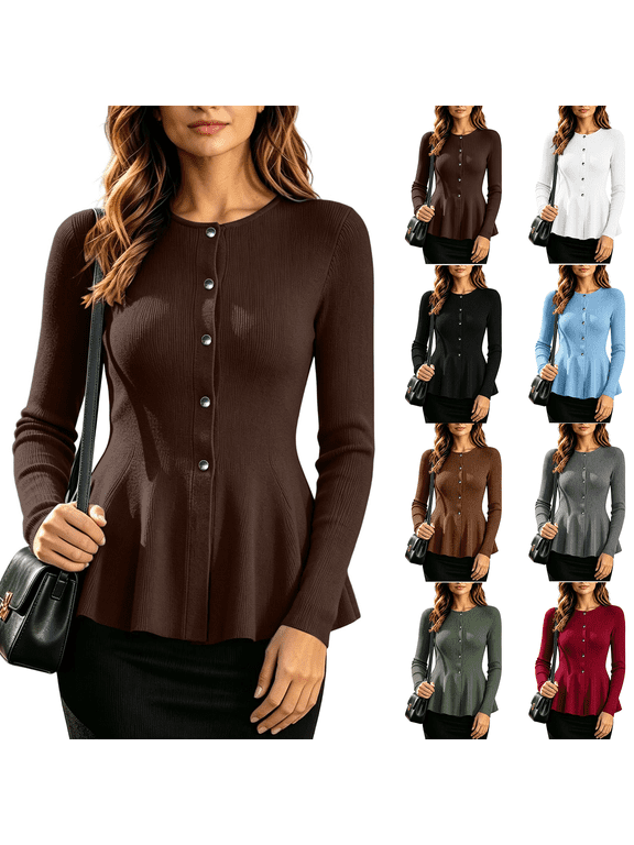 Long Sleeve Shirts for Women Crew Neck Button Down Ribbed Knit Peplum Tops Slim Fitted Soft Blouses, S-2XL