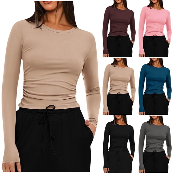 Zormilly Long Sleeve Shirts for Women Fall Crew Neck Stretch Fitted Basic Tees, S-2XL