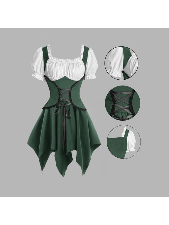 Medieval Dress for Women Puff Sleeve Square Neck Mini Dresses Vintage Oktoberfest Halloween Gothic Dirndl Dress, S-2XL