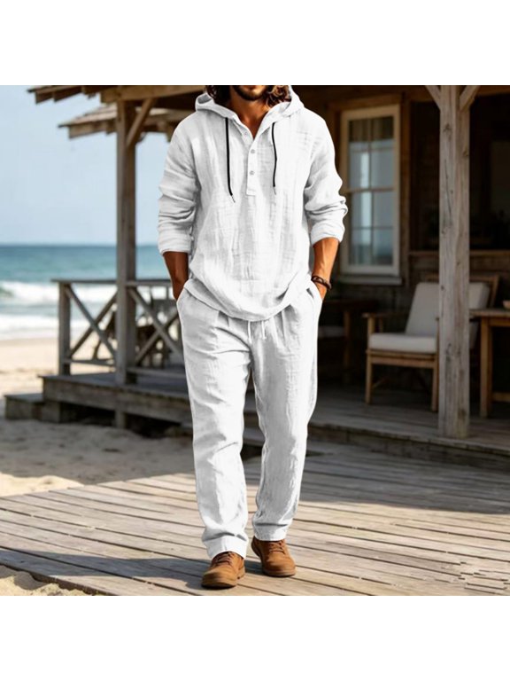 Men Cotton Linen Sets Outfits 2 Piece Long Sleeve Hooded Shirts Lightweight Pants Lounge Set for Beach Vacation Walk, S-3XL