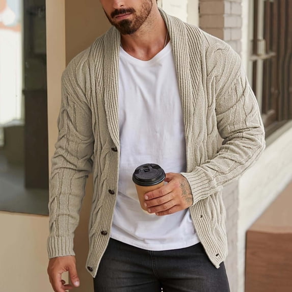 Zormilly Mens Cardigan Sweater Long Sleeve Shawl Collared Button Down Sweaters Cable Knit Cardigans Fall Outfits, S-2XL