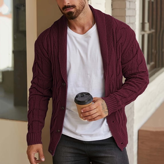 Zormilly Mens Cardigan Sweater Long Sleeve Shawl Collared Button Down Sweaters Cable Knit Cardigans Fall Outfits, S-2XL