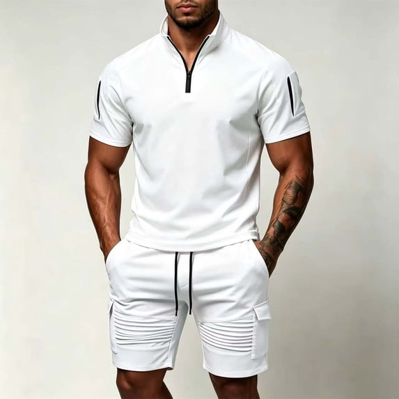 Zormilly Mens Two Piece Summer Outfit Short Sleeve Collared Shirts Shorts Loungewear Sets with Pockets Loose Workout Sets, S-3XL