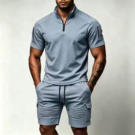 Zormilly Mens Two Piece Summer Outfit Short Sleeve Collared Shirts Shorts Loungewear Sets with Pockets Loose Workout Sets, S-3XL