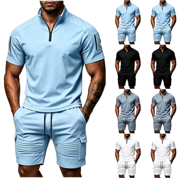 Zormilly Mens Two Piece Summer Outfit Short Sleeve Collared Shirts Shorts Loungewear Sets with Pockets Loose Workout Sets, S-3XL
