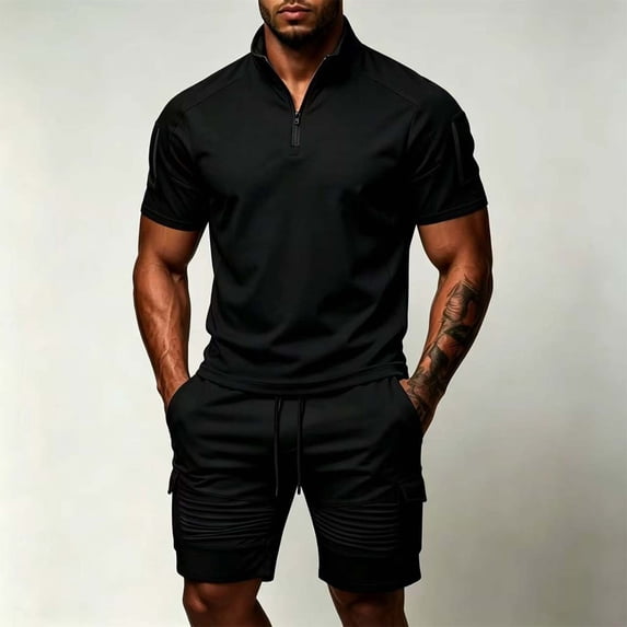 Zormilly Mens Two Piece Summer Outfit Short Sleeve Collared Shirts Shorts Loungewear Sets with Pockets Loose Workout Sets, S-3XL