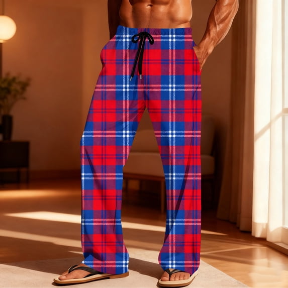 Zormilly Pajama Pants Men Plaid Straight Leg Lounge Pants with Pockets Drawstring Fashion Casual Checkered Sleep Pants, S-3XL