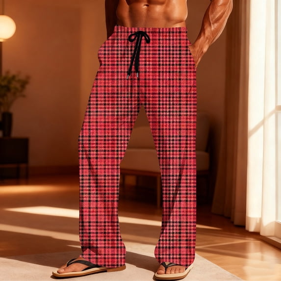 Zormilly Pajama Pants Men Plaid Straight Leg Lounge Pants with Pockets Drawstring Fashion Casual Checkered Sleep Pants, S-3XL