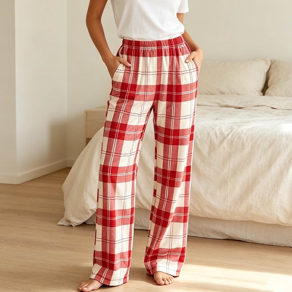 Zormilly Pajama Pants Women Plaid Elastic High Waisted Lounge Pants with Pockets Fashion Soft Straight Leg Trousers, S-XL